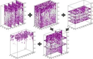 Schemat koncepcyjny kolejnych etapów konstrukcji obrazu 3D dla wyników mapowania georadarowego