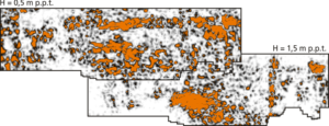 Przykładowe mapy głębokościowe 0,5 m i 1,5 m powstałe w oparciu o pomiary wykonane techniką mapowania georadarowego