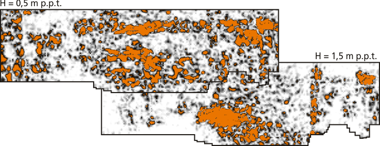 Przykładowe mapy głębokościowe 0,5 m i 1,5 m powstałe w oparciu o pomiary wykonane techniką mapowania georadarowego